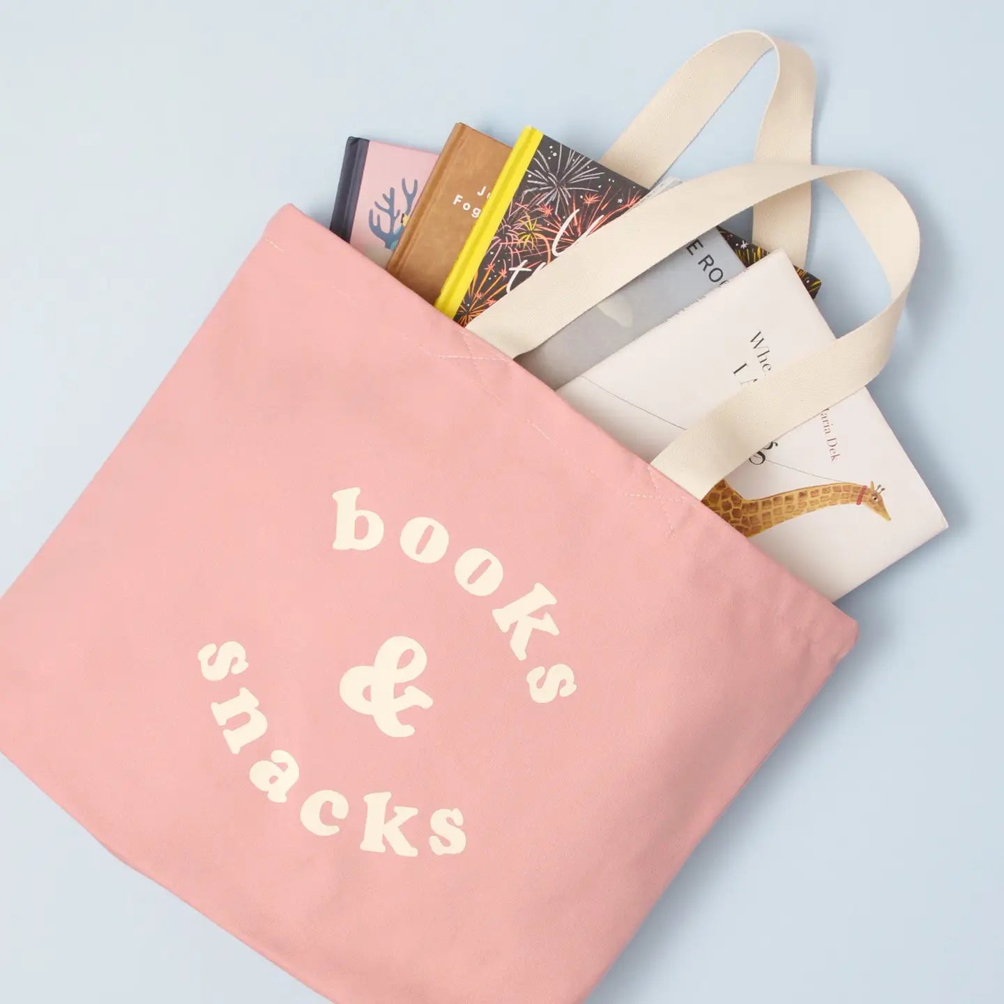 Books and Snacks Canvas Tote Bag - Blush Pink