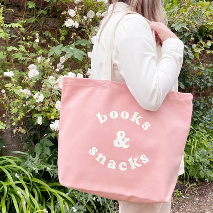 Books and Snacks Canvas Tote Bag - Blush Pink