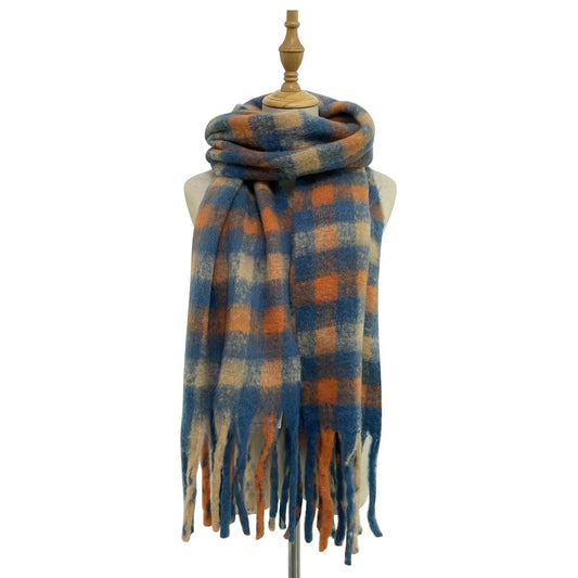 Chequered Orange and Blue Tassel Scarf