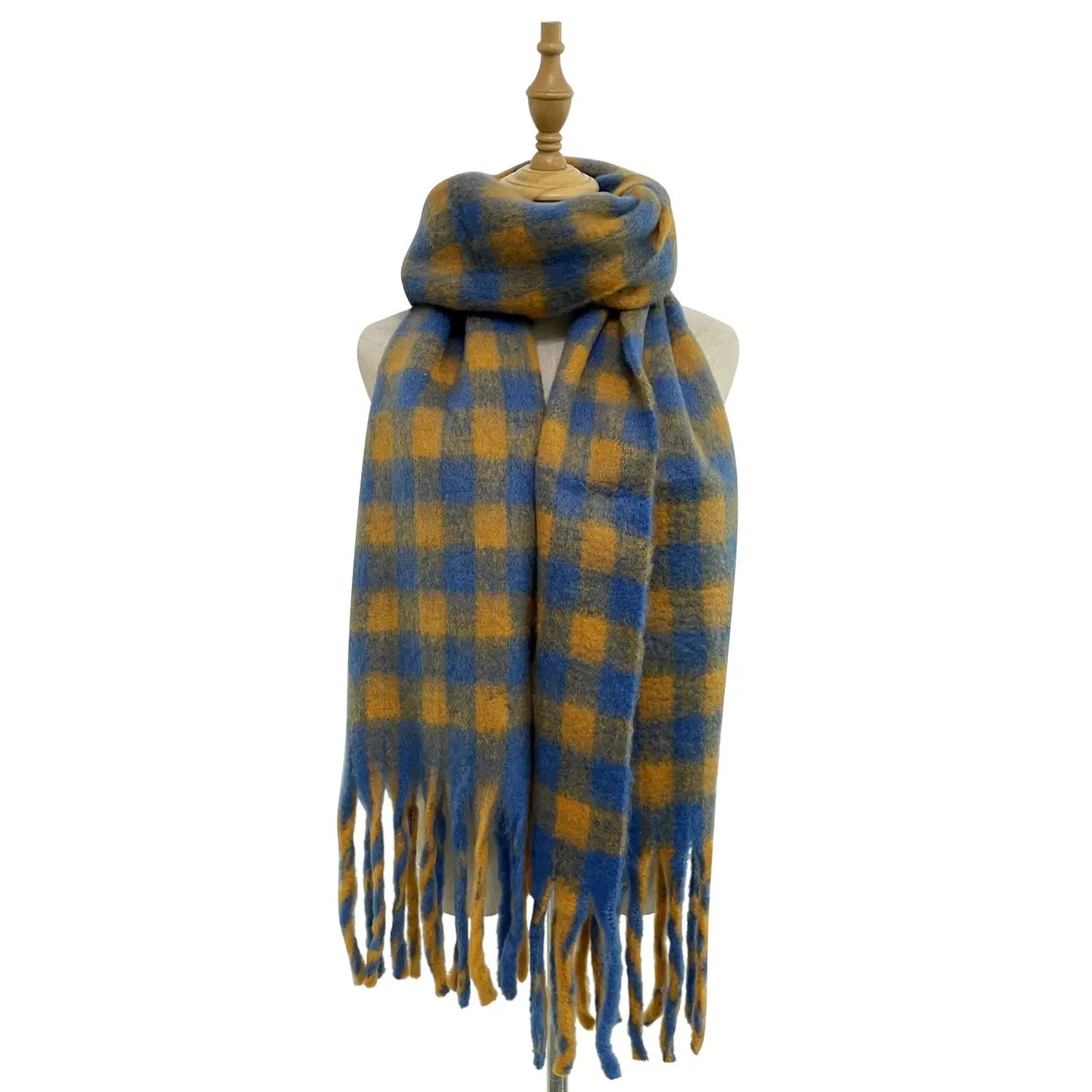 Chequered Mustard and Blue Tassel Scarf