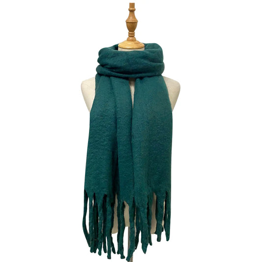 Cosy Plain Tassel Scarf - Forest Green