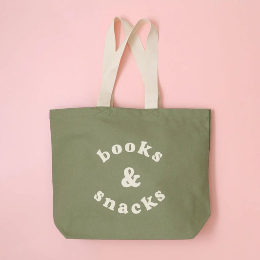 Books and Snacks Canvas Tote Bag - Olive Green