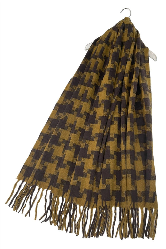 Houndstooth Tassel Scarf - Mustard