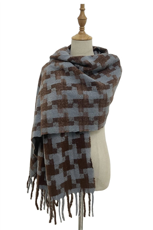 Houndstooth Tassel Scarf - Sky Blue