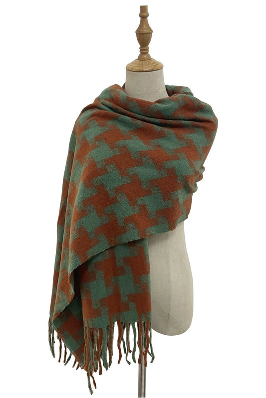 Houndstooth Tassel Scarf - Green