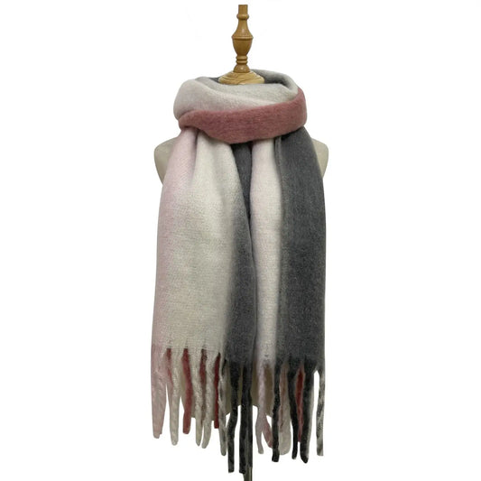 Stripey Tassel Scarf - Grey and Pink