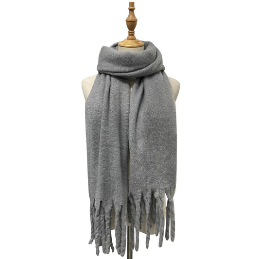 Cosy Plain Tassel Scarf - Grey