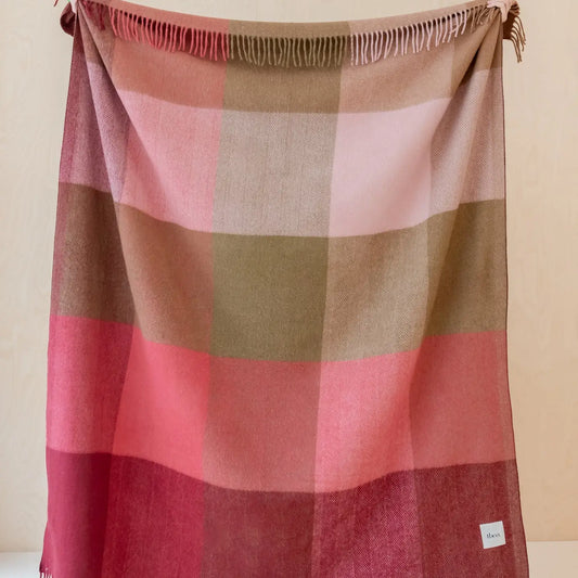 Recycled Wool Blanket in Pink Herringbone Block Check