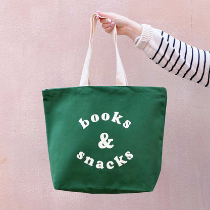 Books and Snacks Canvas Tote Bag - Forest Green