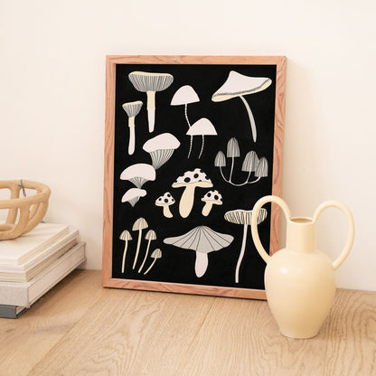 Monochrome Mushrooms A3 Print